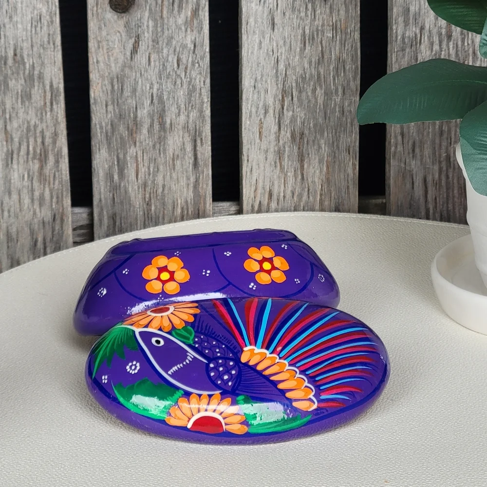 Mexican Folk Art Hand-Painted Oval Trinket Box Purple Bird